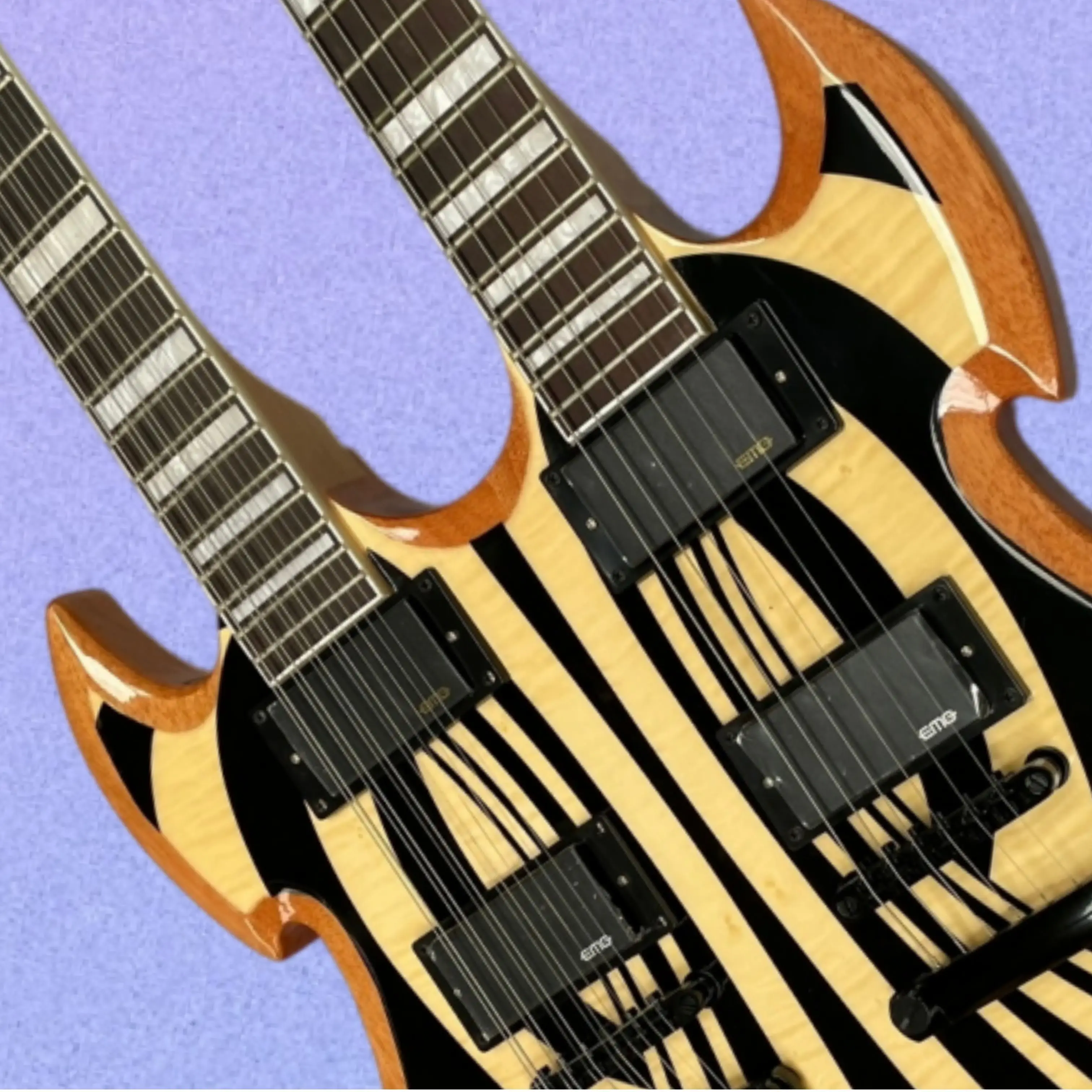Natural Wood Two‑Headed Electric Guitar,Mahogany Body With Personalized Vortex‑Stripe Satin Finish Guitars,For Stage UseGuitarra