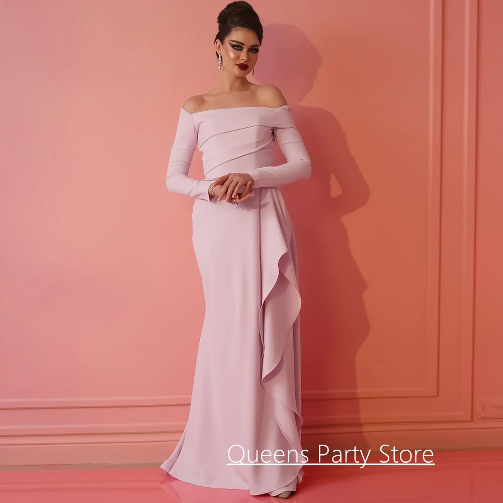 

Saudi Mermaid Evening Dress for Arabian Woman Customized Boat Neck Long Sleeves Pleat Ruffles Sweep Train Party Gown