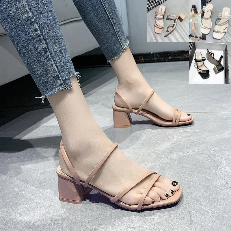 Summer Sandals Medium Low Heel Women Dress Shoes Dresses Elegant Party Plastic Pink Heels Black Fashion 2023 Block Comfortable