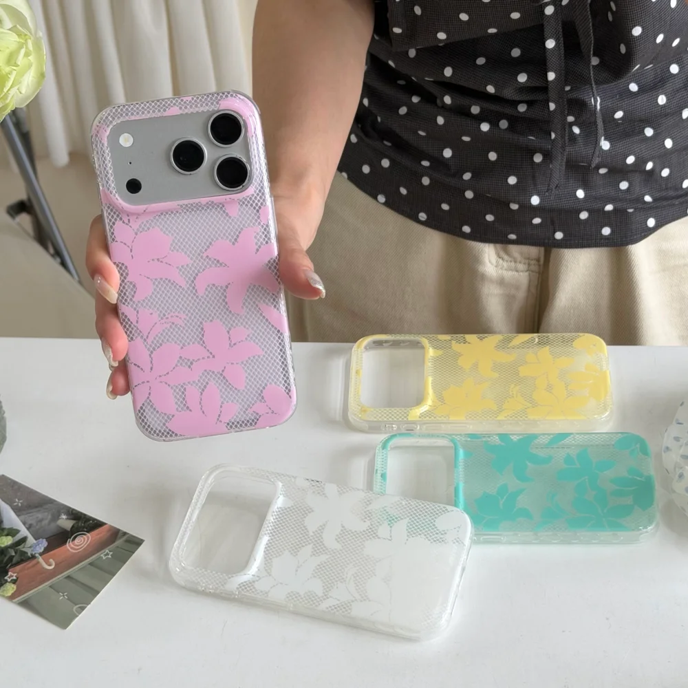 Cute Lace Floral Lily Print Phone Case for iPhone 17 16 15 Pro Max Transparent Pastel Color Soft Shockproof Protective Cover