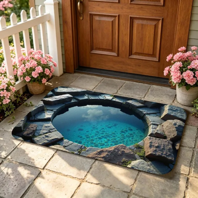 Rectangle 2D Moss Stone Deep Well Water Illusion Doormat Non Slip Front Entry Carpet Outdoor Indoor Household Decor Floor Rug