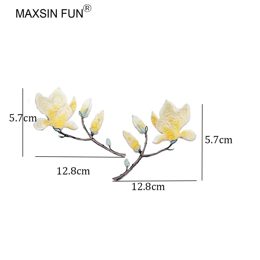 Magnolia Flower Branch Iron-on Embroidery Patches, Sew-on Cartoon Flower Patches for Bag Clothes, DIY Decoration, 1 Pair