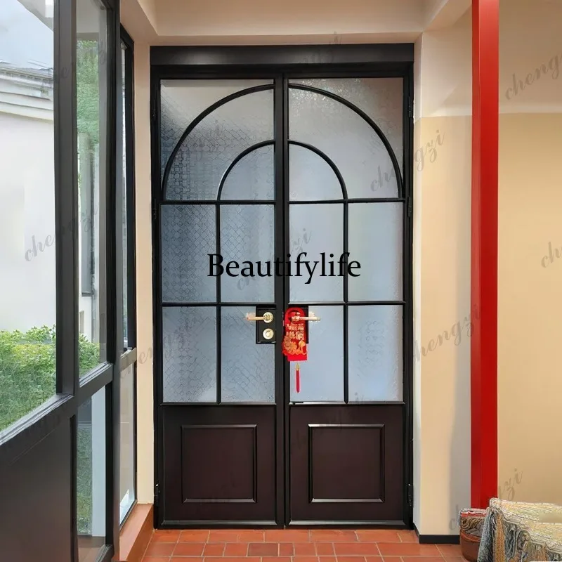 French retro glass double opening folio kitchen balcony door study partition customization