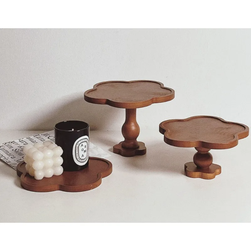 New French Retro Lace Wooden Tray High Foot Tray  Aromatherapy Candle Tray Storage Tray  High Foot Tray Decorative Ornaments New