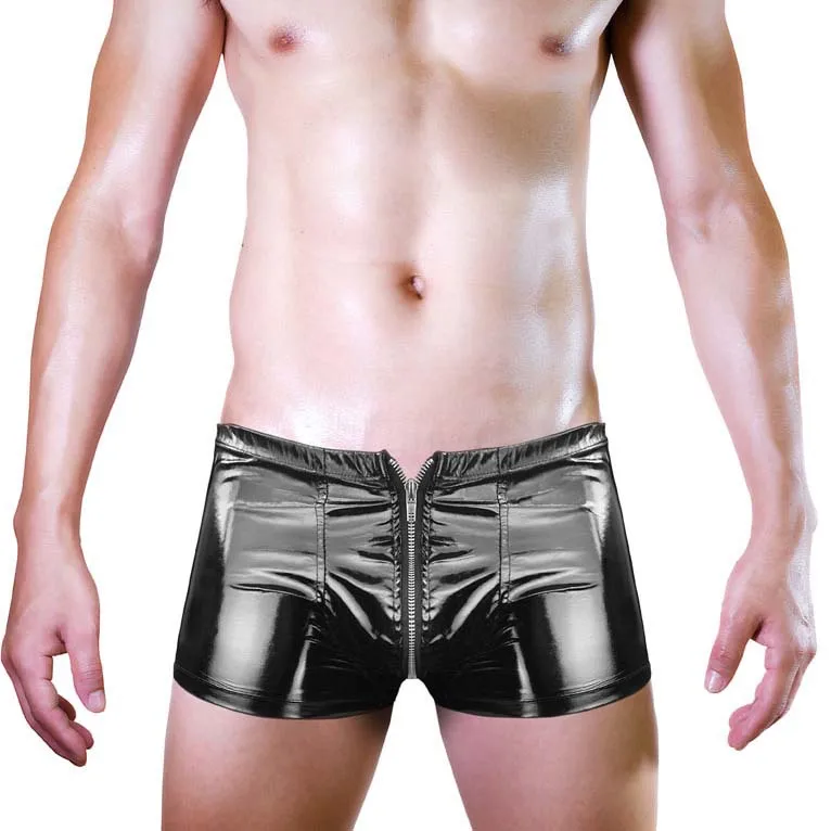 Men's Boxershorts Sexy Panties Imitation Leather Safety Chain Patent Leather Male Underwear Boxers Performance Pants