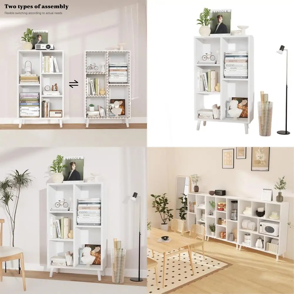 

Белая 3-х уровневая книжная полка с открытым кубом и деревянными ножками для хранения и демонстрации домашнего офиса