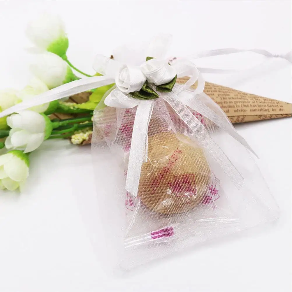 

50Pcs Rose Decorated Organza Jewelry Pouches Sturdy Reusable Drawstring Gift Bags for Weddings Parties Anniversaries Festival
