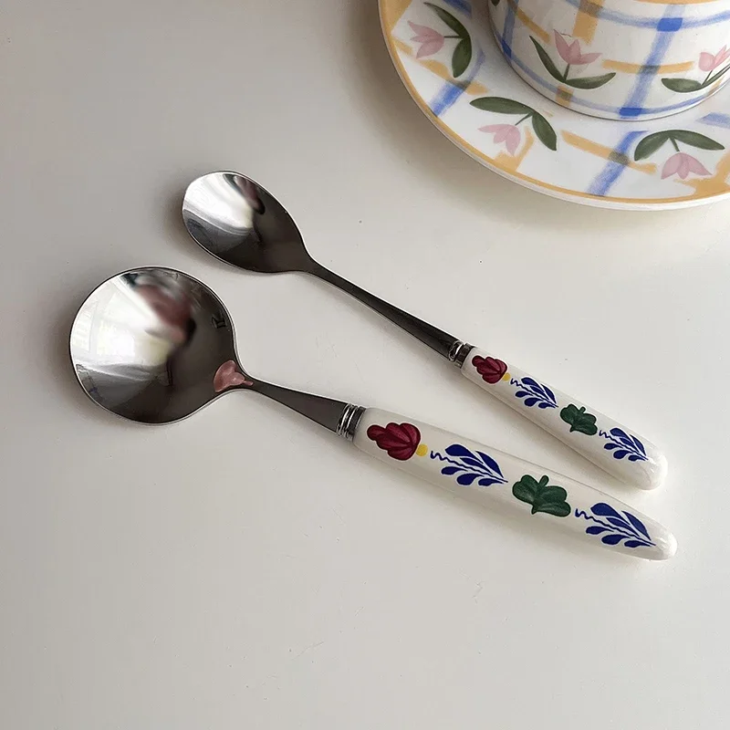 Retro Flower Ceramic Handle Stainless Steel Knife Fork Spoon Dinnerware Dessert Spoon Fork Coffee Spoon Kitchen Tableware