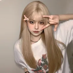 Beige and white synthetic wig long straight hair female high temperature silk mechanism with bangs whole wig full head set
