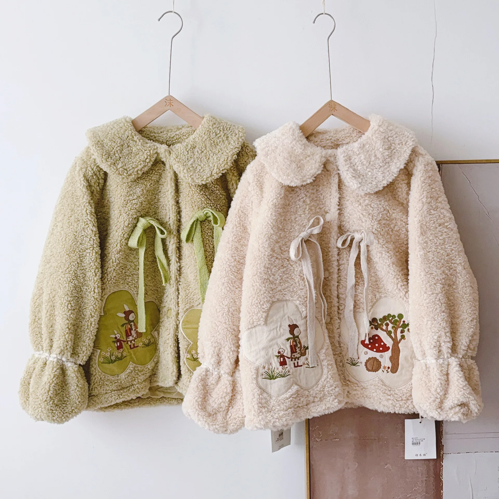 Japanese Vintage Mori Girl Embroidery Thicken Fleece Jacket Outwear Women Winter Kawaii Peter Pan Collar Casual Cotton Coat