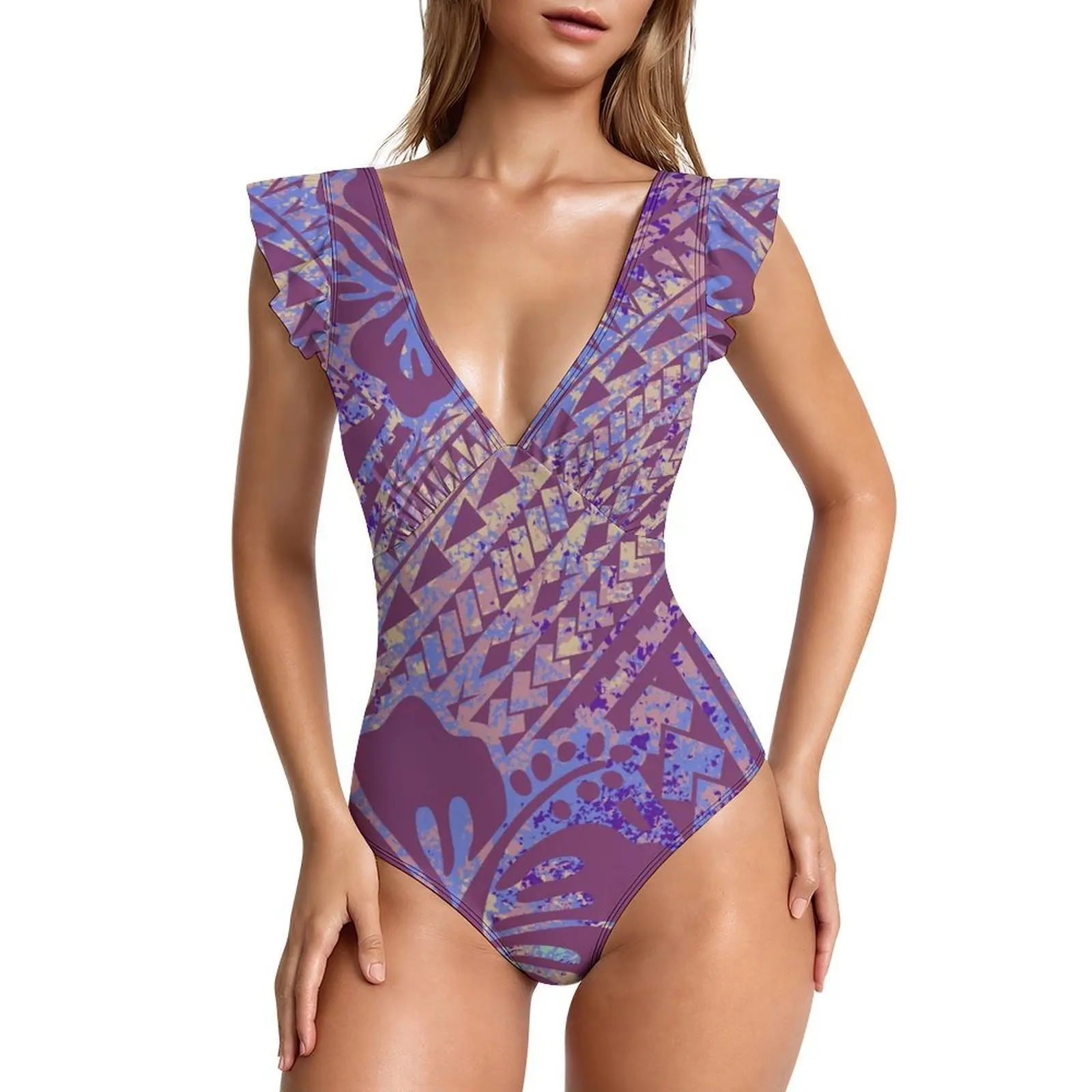 Summer Women'S V-Neck Lace Sleeve Beach One-Piece Swimsuit With Polynesian Custom Floral Print - Sexy Wholesale Bikini