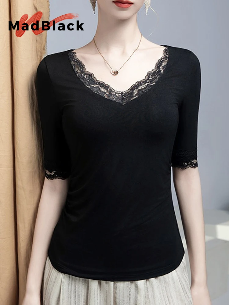 

MadBlack-Women European T-Shirt, Sexy V Neck Lace Patchwork, Streetwear Half Sleeve S-3XL Slim Tee, 2026 Summer New T65509CC