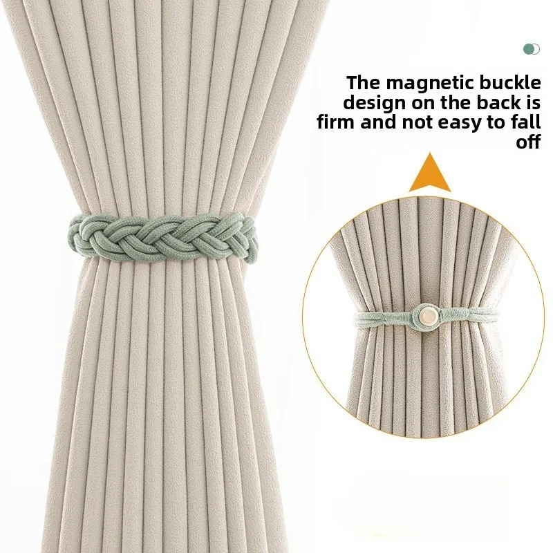 New Modern Minimalist Round Wooden Woven Cotton Curtain Tiebacks - Magnetic, No-Drill No-Install Fasteners
