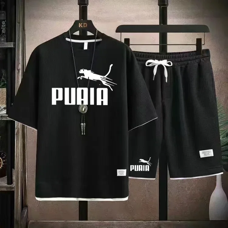 Men's monochrome embossed T-shirt, men's casual fashion, lens, two-piece set, summer, hot selling, new, 2024