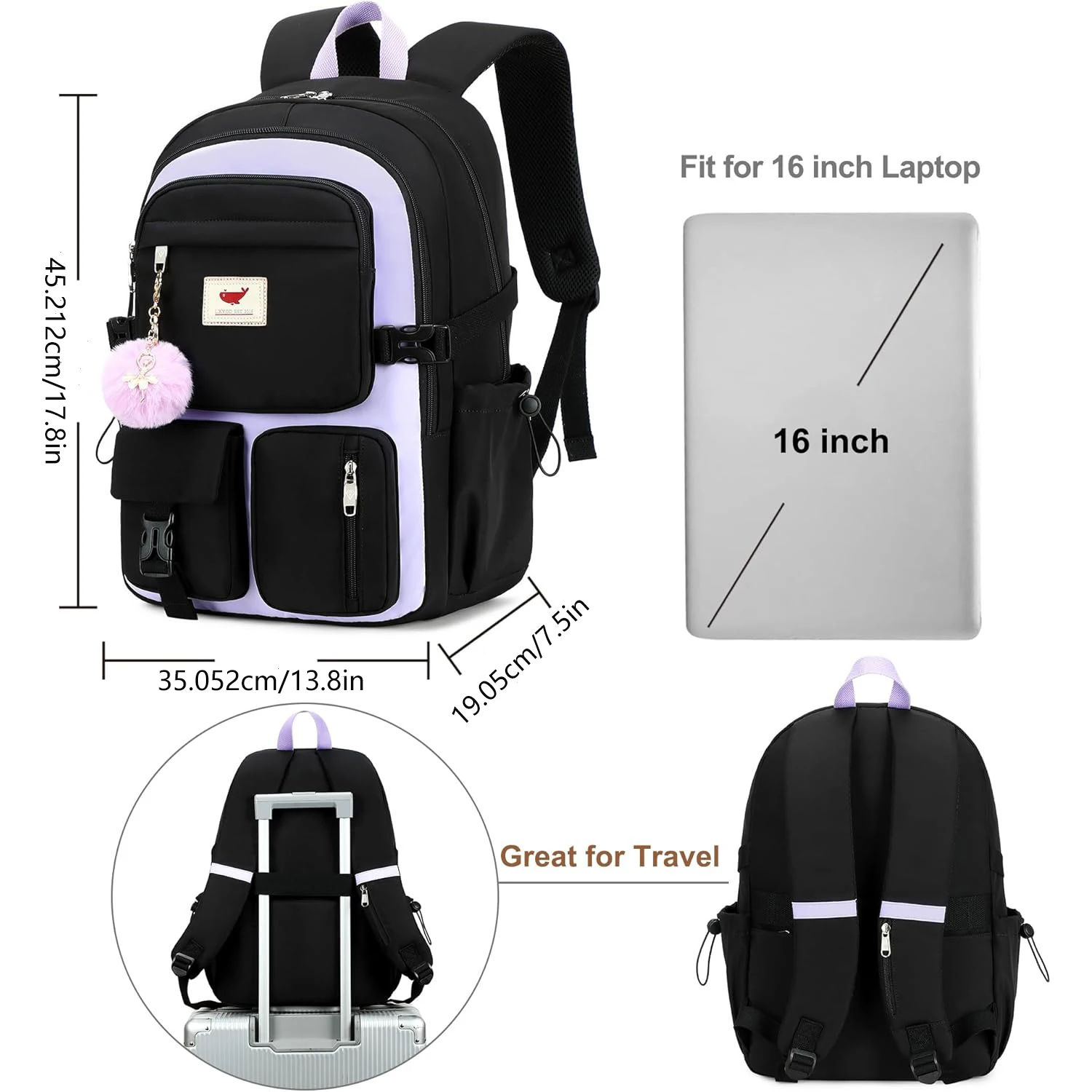 กระเป๋าเป้สะพายหลังสำหรับใส่แล็ปท็อปขนาด 15.6 นิ้ว เหมาะสำหรับนักเรียนประถม มัธยมต้น มัธยมปลาย และนักศึกษา พร้อมกล่องใส่อาหารและกระเป๋าใส่ดินสอ ชุด 3 ชิ้น สำหรับเดินทางและใส่หนังสือ