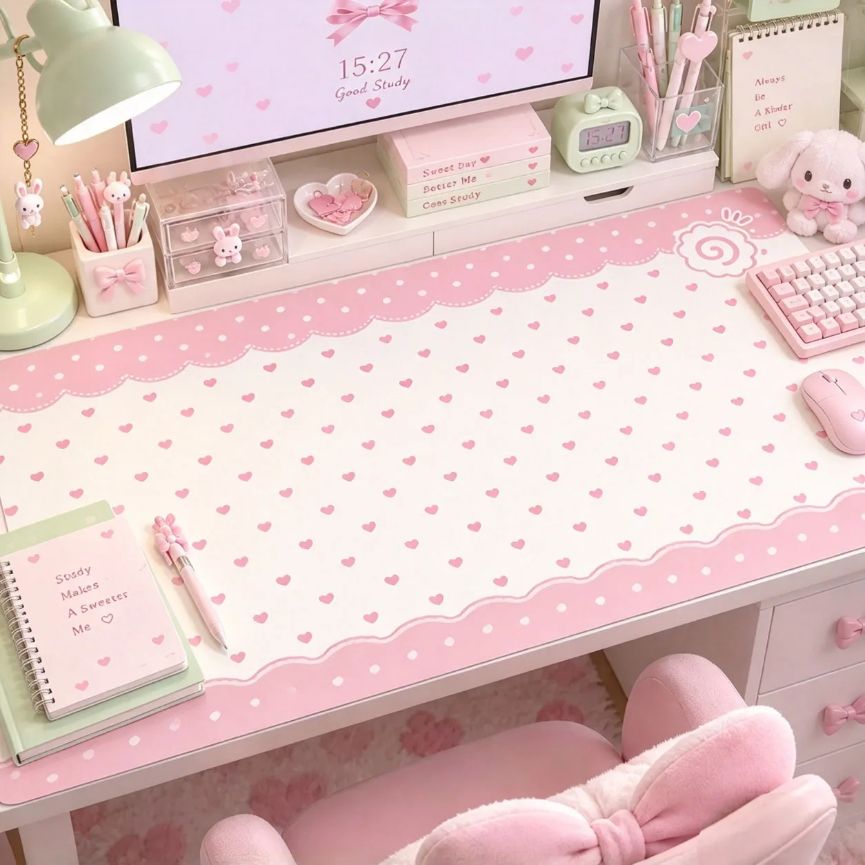 Pink Blue PurpleLove Polka Dots Fish Cake Leather Desk Pad Protector Y2K Mouse Pad Office Desk Mat PU Desk Blotter keyboard Pads