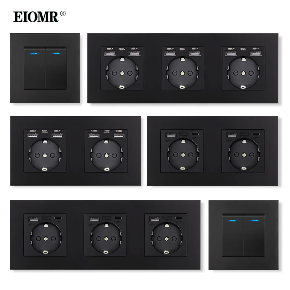 EIOMR EU Standard 16A presa per interruttore a parete pannello per PC ignifugo con presa di corrente USB 5V 2100mA AC 110-250V nera