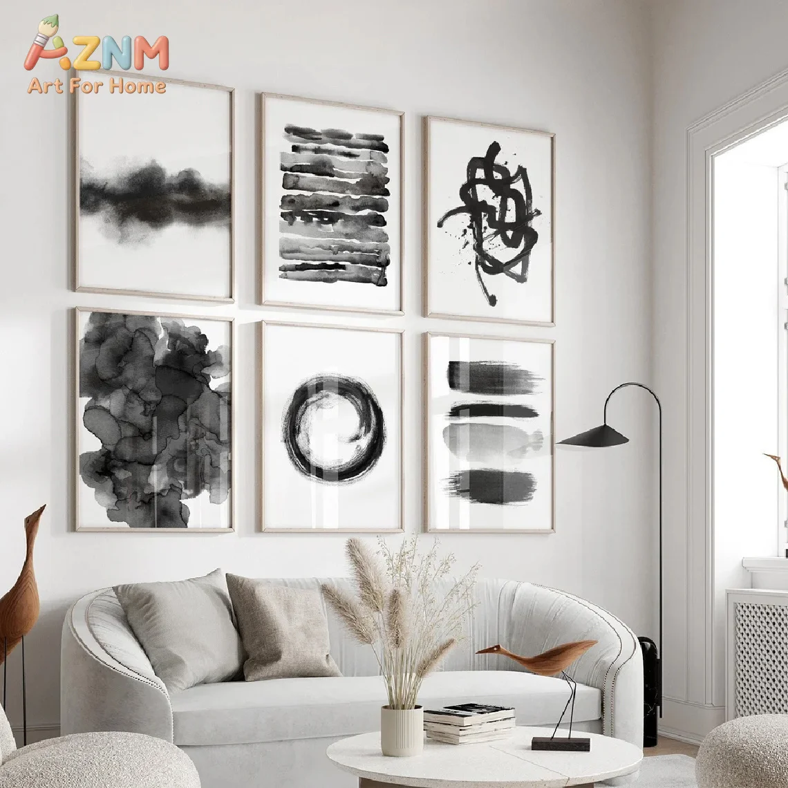 Black Ink Wash Abstract Brush Stroke Canvas Wall Art Chinese Zen Circle Print Unframed Canvas Poster Neutral Home Decor