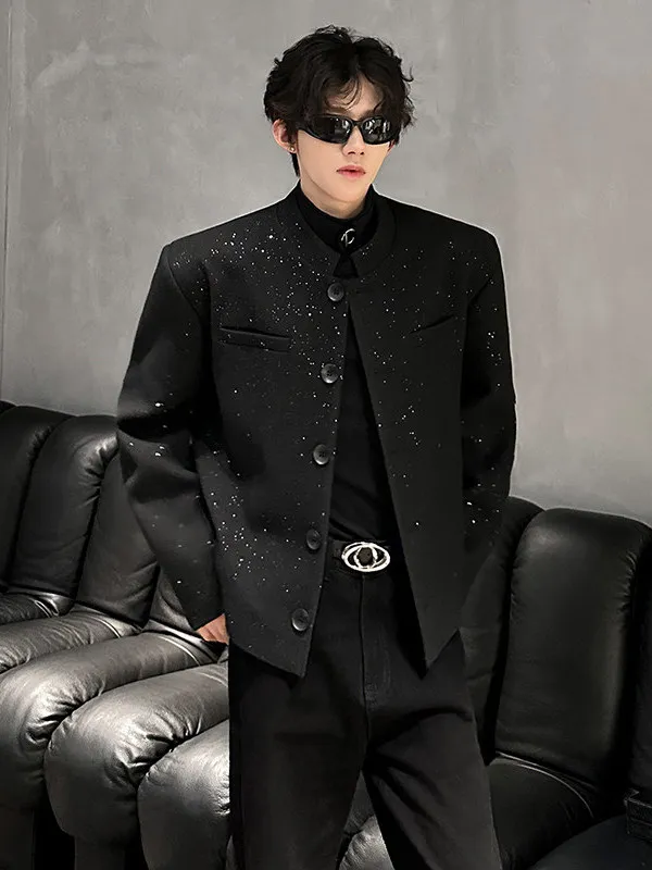 

Ele ort Tailored Jaet Men's Casual Suit Coat oulder Pads Silver Fabric Stand Collar Hipster Nightclub Sle Breatha...