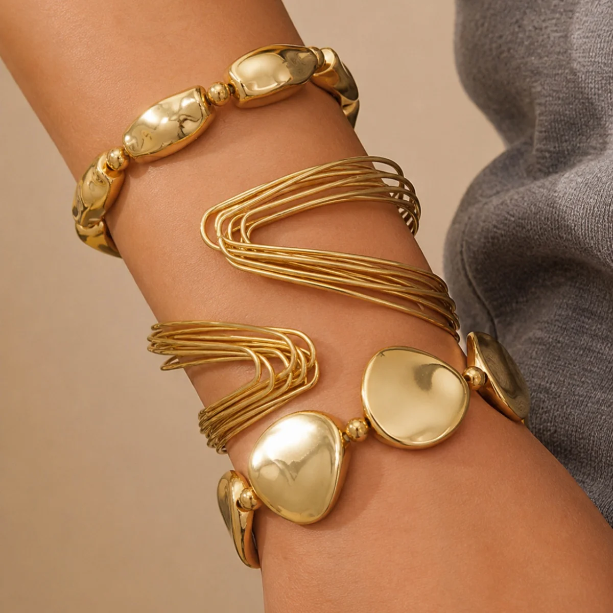 Ensemble de 3 bracelets et joncs ouverts à lignes torsadées géométriques et formes irrégulières pour femmes, style punk exagéré