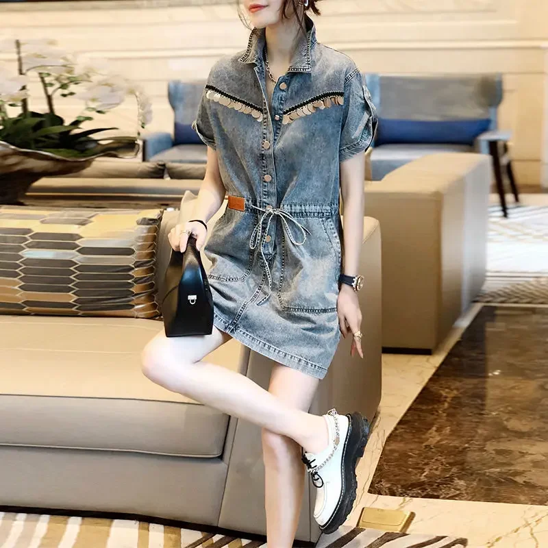 Fashion Denim Dress Pack Short Waist Leisure Straight Skirt Spring Summer Multiple Pockets Sequins Single-breasted Shirt Dress