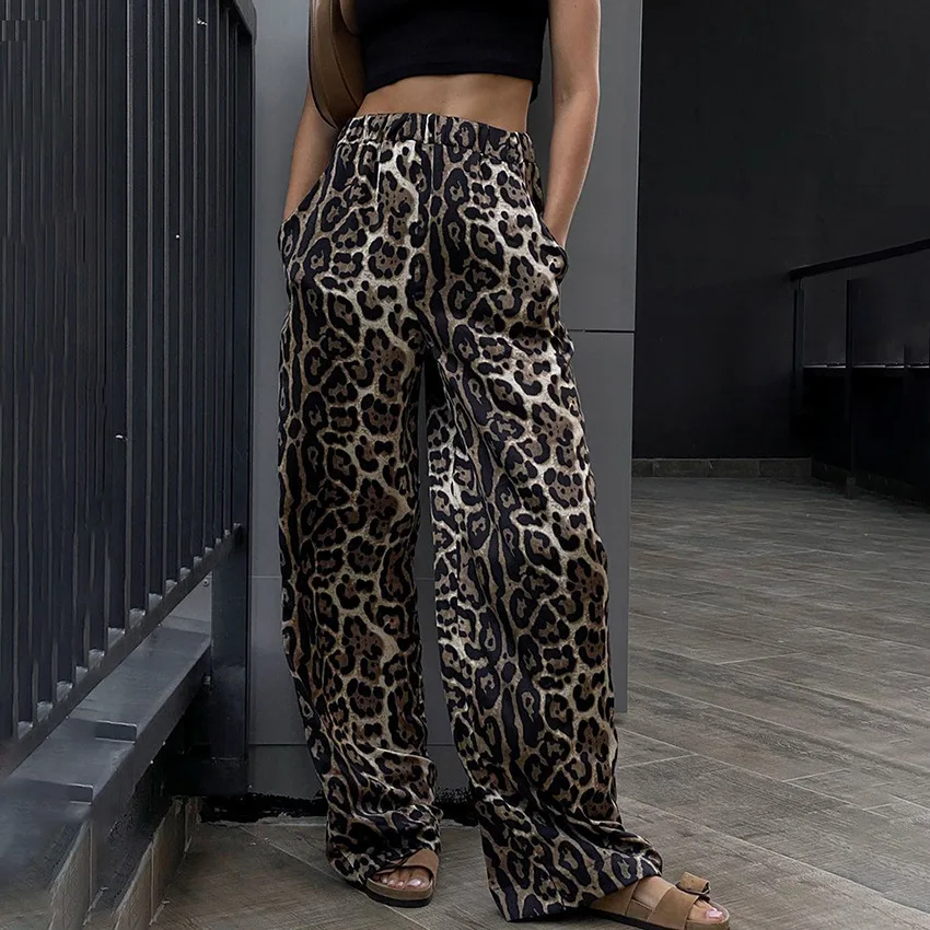 

Leopard Wide-leg Pants for Women Fashion Street High-waisted 2024 Spring Loose Floor-length Casual Trousers Clothes Streetwear