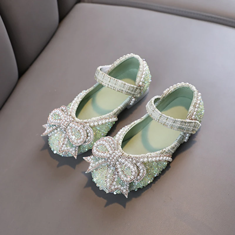 2023 Autumn Girl Leather Shoes Mary Jane Shallow Pearl Bow Children Princess Dance Single Shoes Fashion Party Wedding Kids Shoes