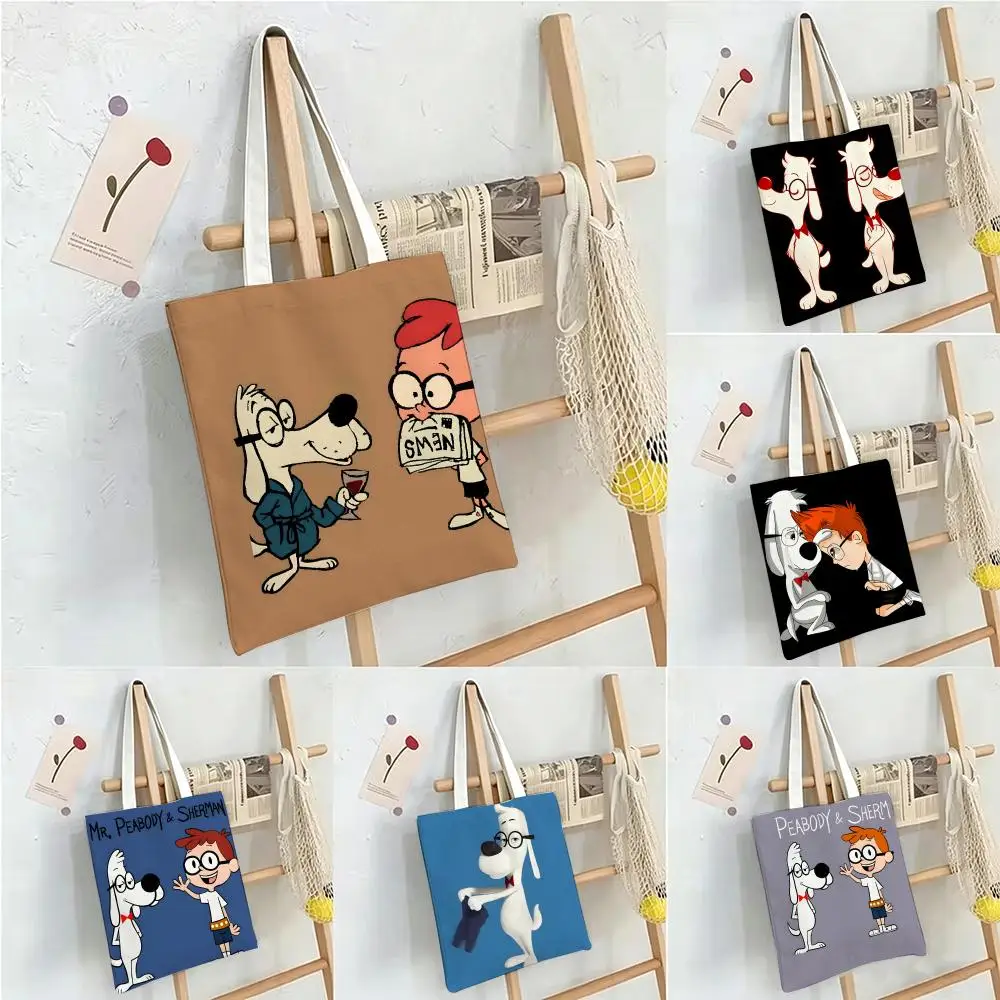 Bolso de hombro de lona con dibujos animados de Mr. P-Peabody y S-Sherman, bolso de compras de alta capacidad, bolso de almacenamiento para mujer