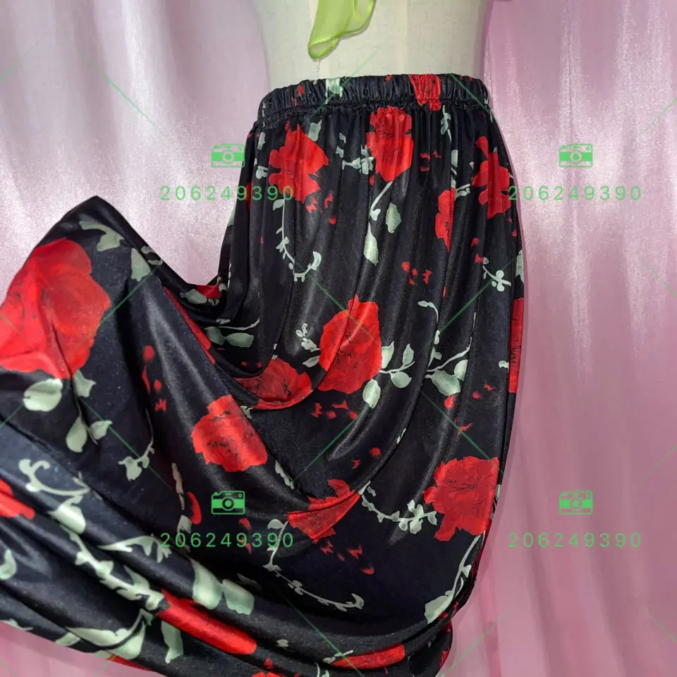 Summer Spring Floral Print Satin Sexy Women Long Skirt High Waist Sleeping Loose Bottoms