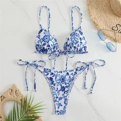 Seksowny kwiatowy Print mikro stringi strój kąpielowy kobiety String sznurowane trójkątne bikini zestaw Mujer stroje kąpielowe strój kąpielowy Biquinis Bikini