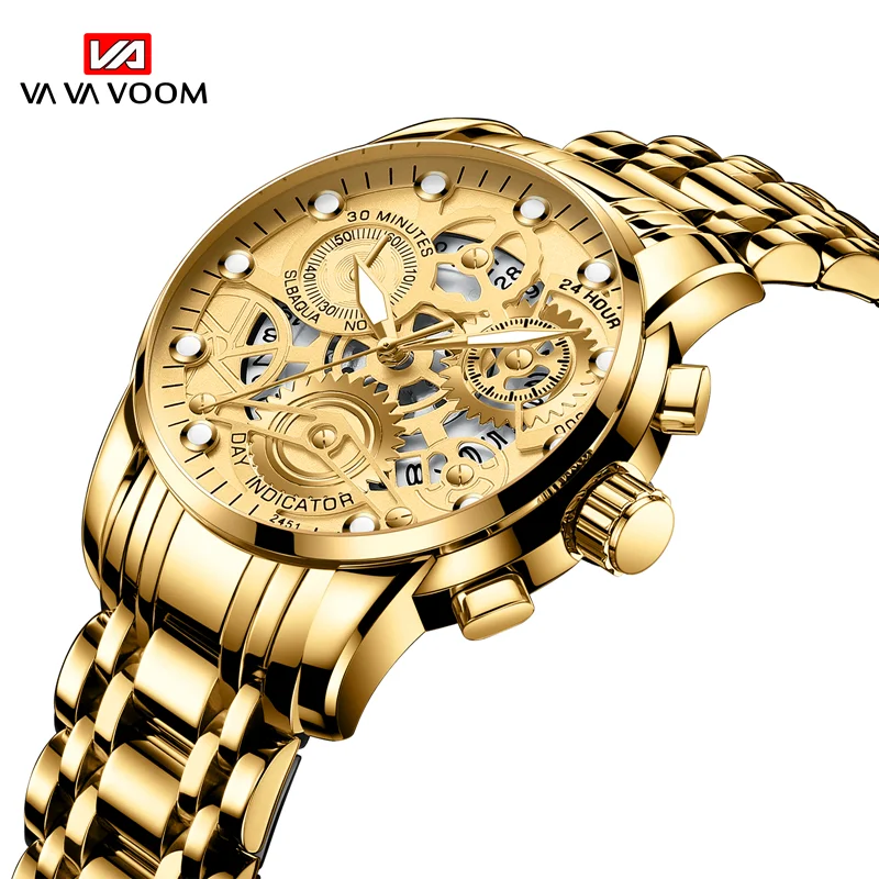 Mens Personalize Watches Classic 41mm Large Dial Stainless Steel Strap VA VA VOOM Gold 3Bar Waterproof Hollow Quartz Male Watch