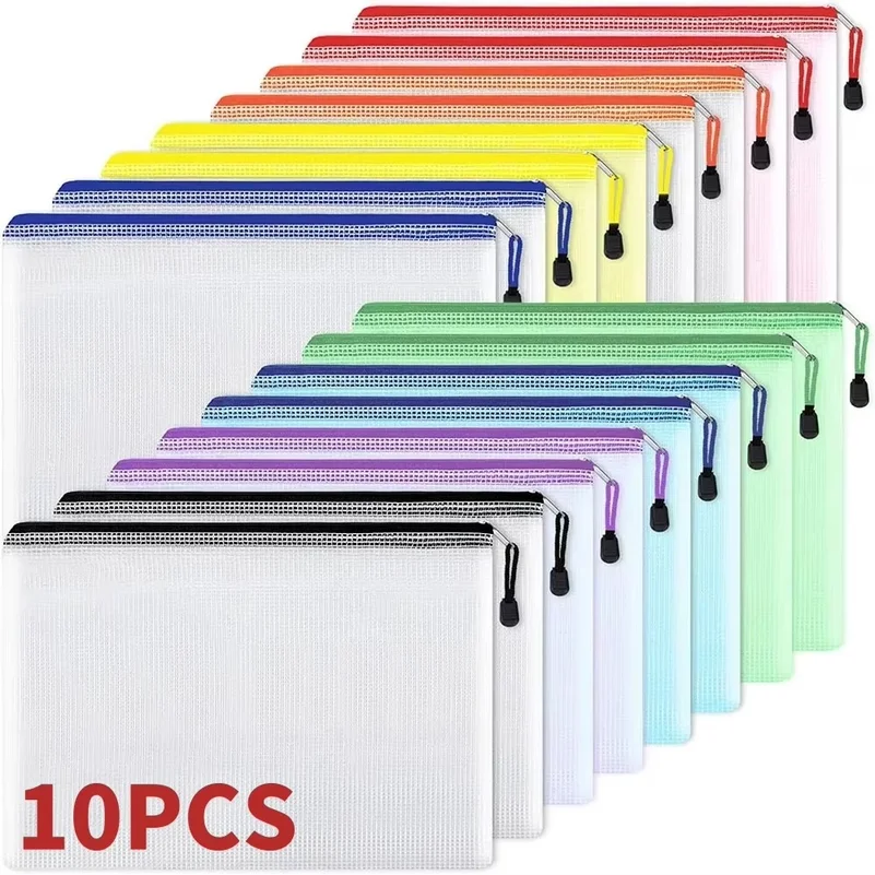 5/10 pièces, pochette à fermeture éclair en tissu à mailles, formats A3/A4/A5/A6, sac pour documents, pochette à fermeture éclair imperméable, classeurs, étui à crayons, sacs de rangement, fournitures scolaires et de bureau.