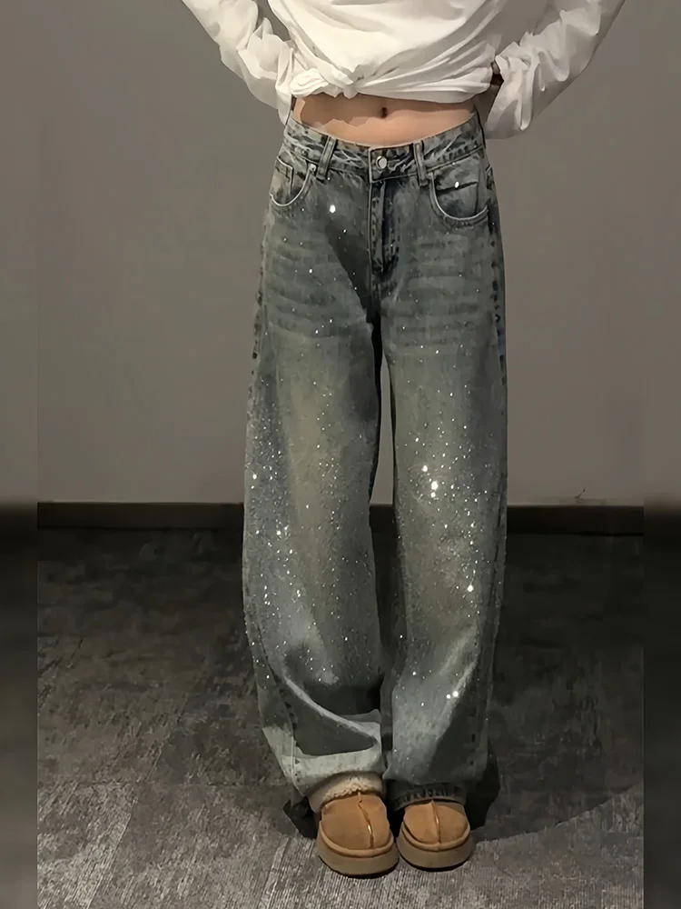 

Джинсы в американском стиле с пайетками для женщин, летние, новые, модные, в стиле ретро, длинные, с завышенной талией, свободного кроя