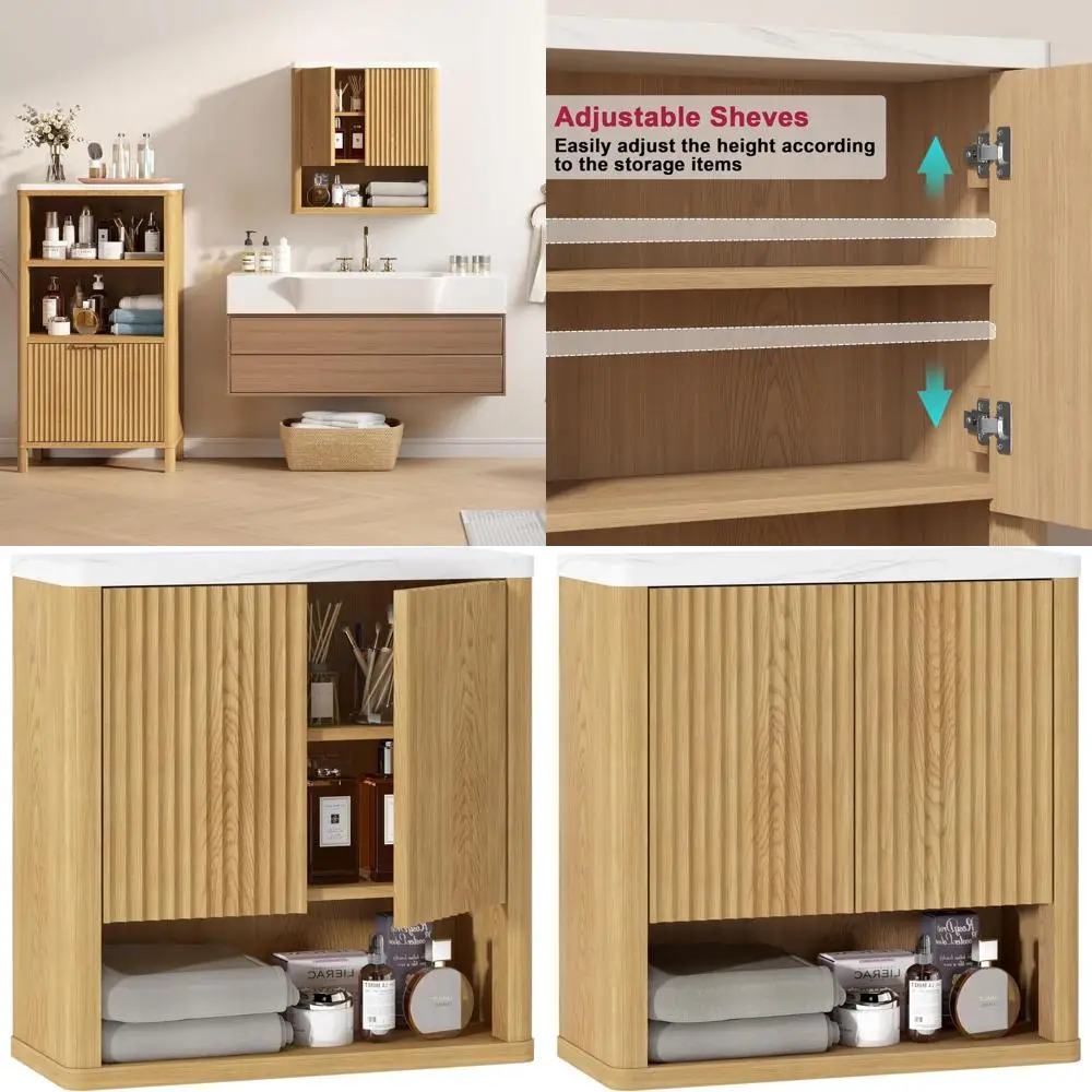 

Двухдверный шкаф для хранения над унитазом с регулируемой полкой и столешницей из искусственного мрамора, отделка натуральный дуб