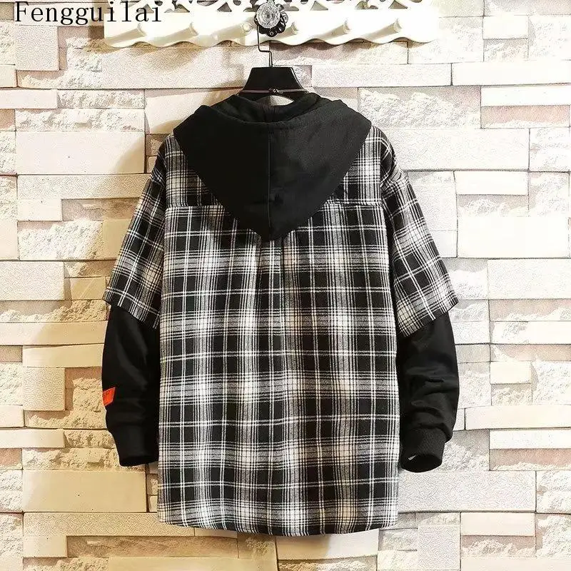 Men Hooded Plaid Shirt Jacket Fake Two Piece Long Sleeve Red Black Checkered Shirts Loose Streetwear Casual Overshirt