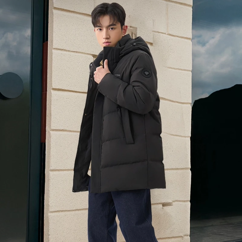 Chericom Men's Mid-Length Down Jacket Removable Hood Velvet Collar Winter Coats Zipper Side Pockets Casual Down Jacket Y309671Y