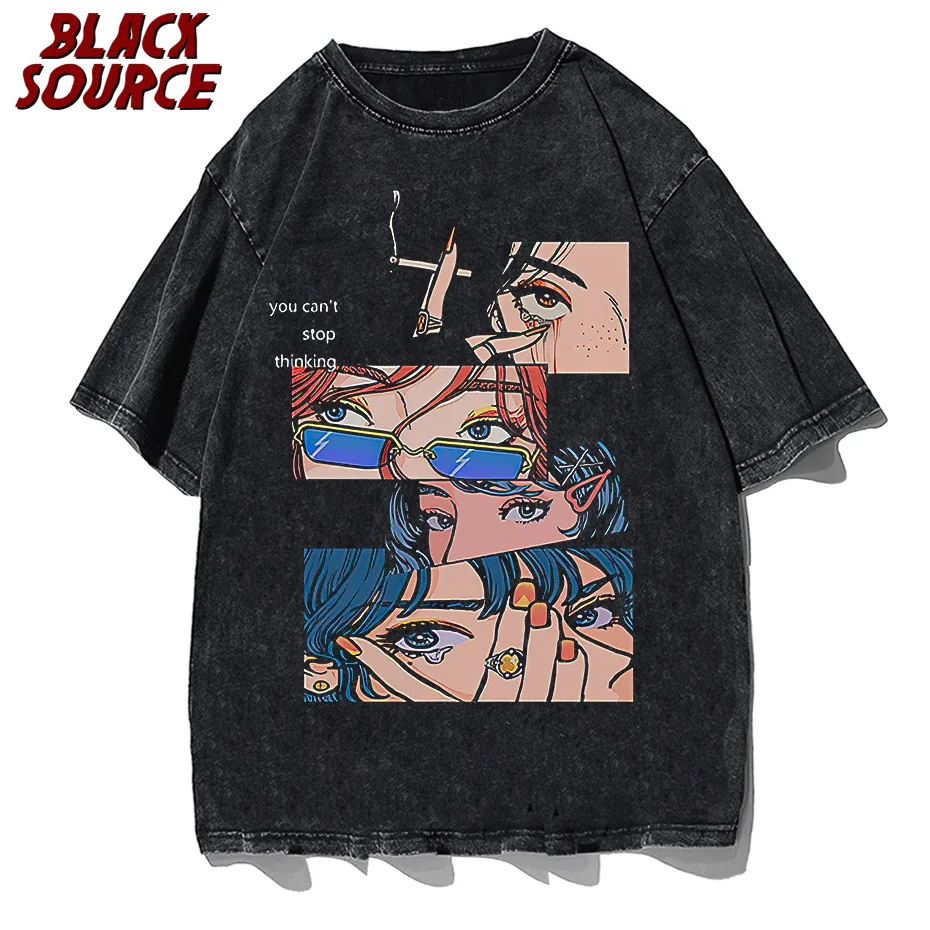 T-shirt for Men Black Harajuku Hip Hop Casual Loose T Shirt Streetwear Japanese Anime Cartoon Print Retro y2k Clothes Tops