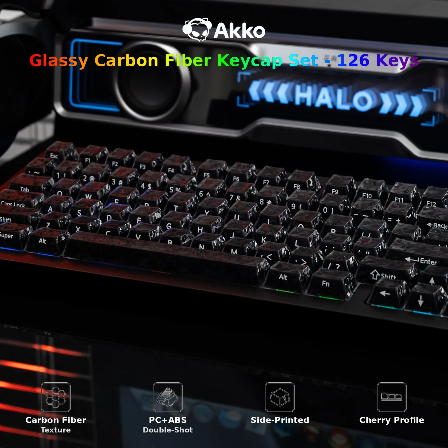 AKKO Glassy Carbon Fiber Texture Keycaps Transparent Side-printed for RGB Keybaord Cherry profile PC+ABS Double-Shot Keycap set