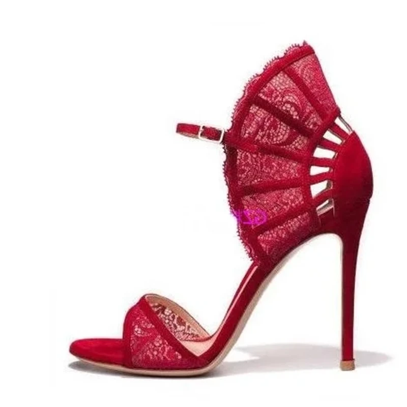 Sexy Red Lace Women Sandals Ankle Fan-shaped High Heels Shoes Peep Toe Cut-out Patchwork Ladies Dress Shoes STretch Fabric