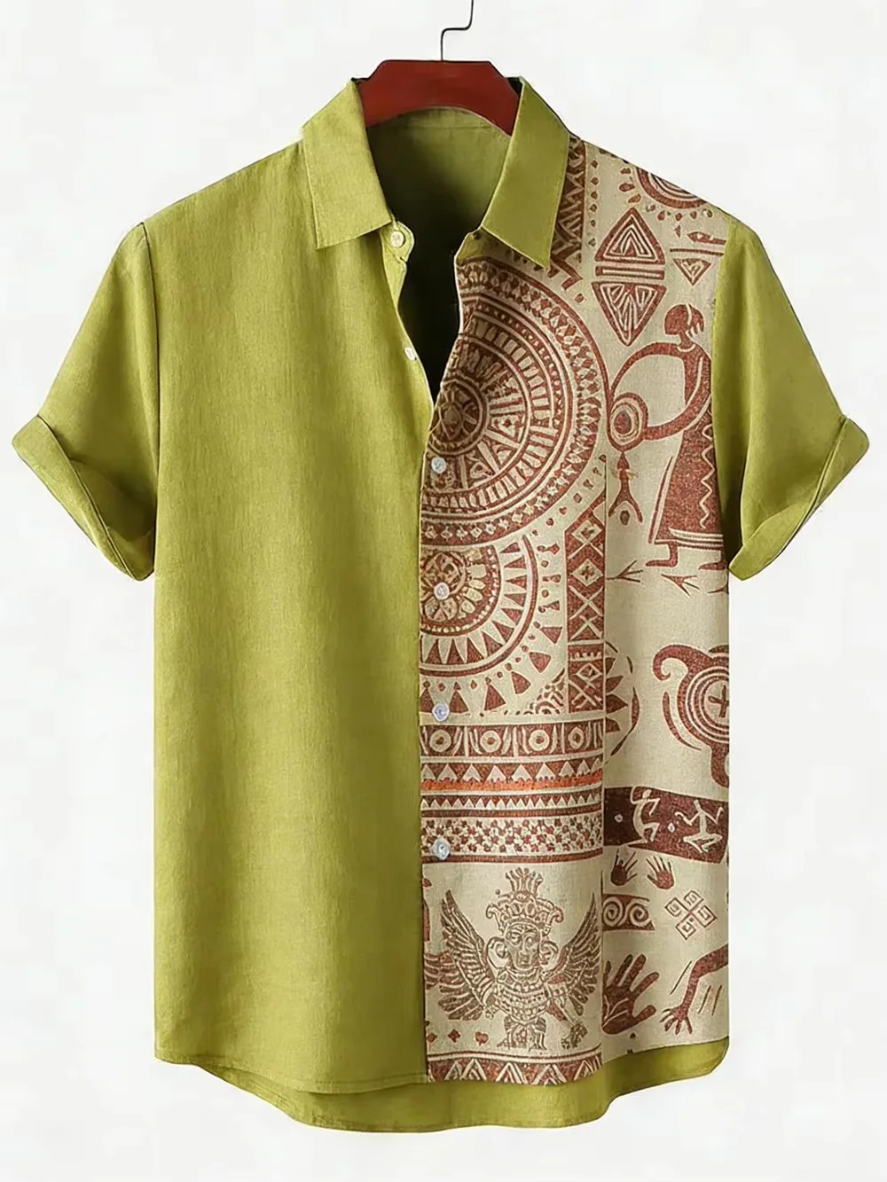 2026 Men's Linen Casual Short-Sleeve Shirt with Natural Ethnic Patterns Printed Hawaiian Outdoor Social Big Size Men's Clothing