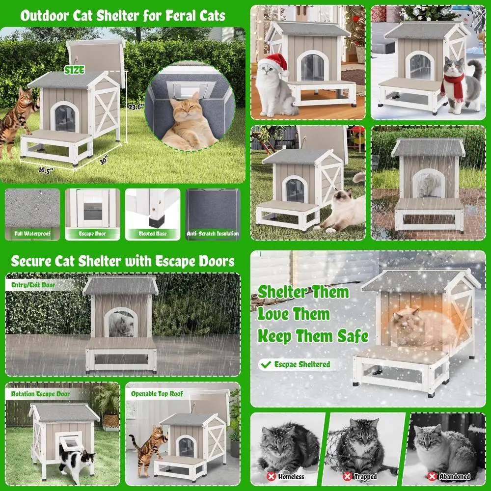 

Waterproof Outdoor Cat Shelter for 1-2 Cats with Raised Base, Balcony, and Easy Door Access