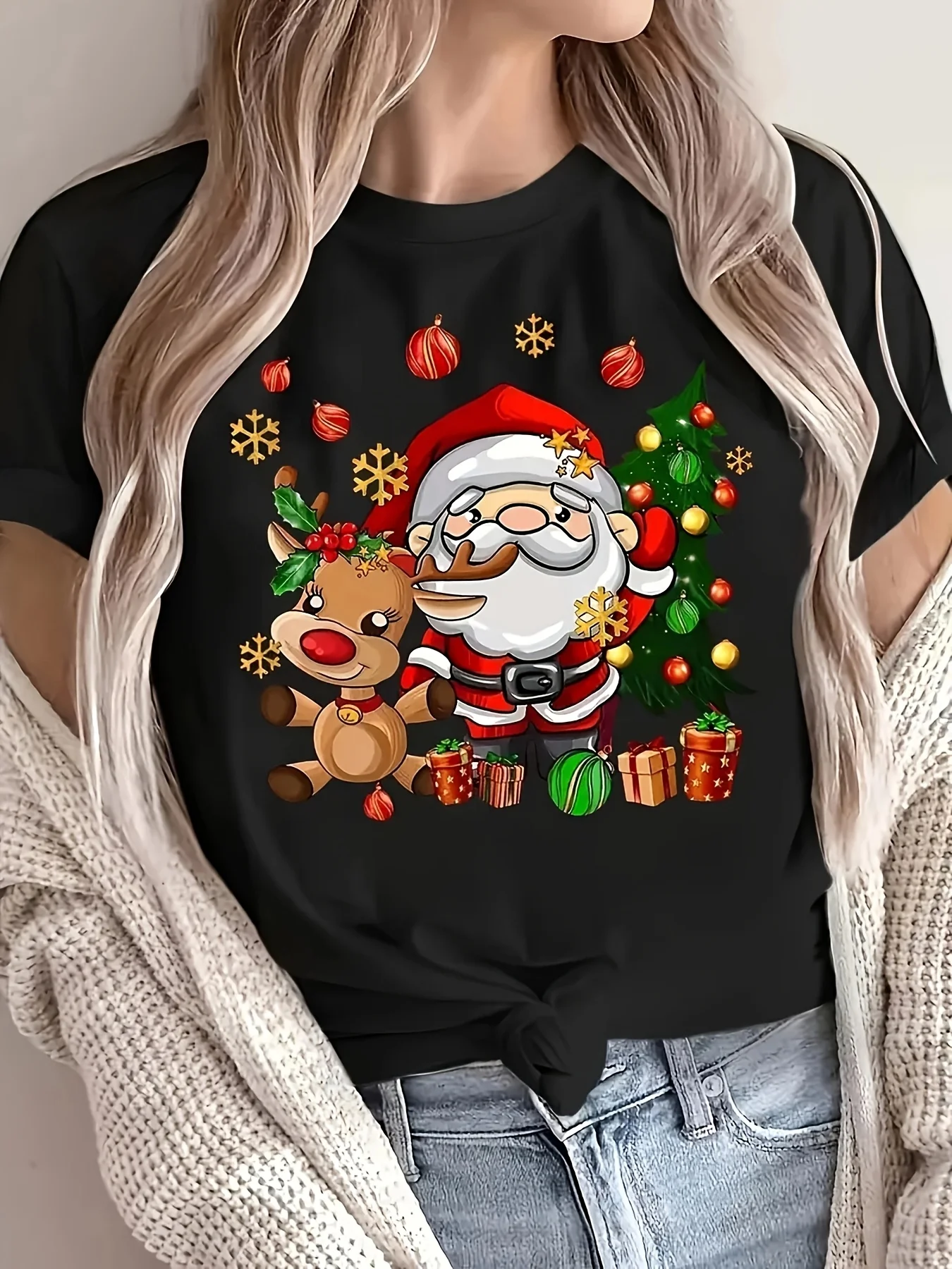 عيد الميلاد سانتا والرنة طباعة طاقم الرقبة تي شيرت Harajuku كم المرأة تي شيرت الملابس الشارع بلايز تيز الملابس الجمالية