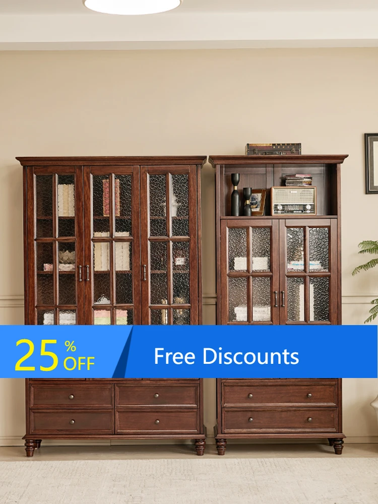 XL Solid Wood Three-Door Two-Door Bookcase with Glass Doors Vintage Style Bookshelf Storage Wine Cabinet