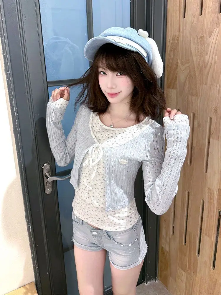 Blue Floral Print Tie-Detail Long Sleeve Women's Top Sweet Style Shoulder Wrap Shirt Autumn New Arrival Ballet-Inspired Short