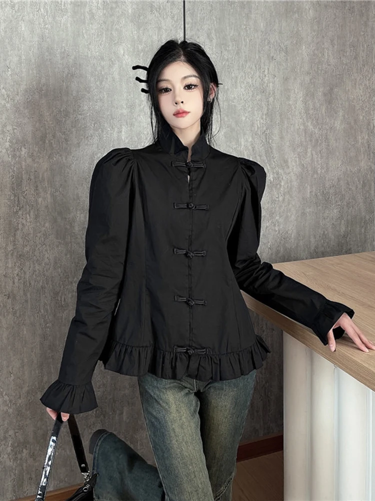 Sonneesd Herfst Nieuwe Chinese Stijl Pak Chinese Stijl Retro Losse Effen Kleur Full Puff Mouw Knoop Gerimpeld Oud Shirt