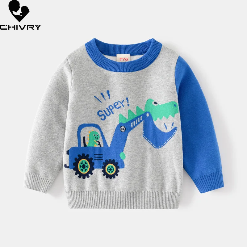 Neue Herbst Winter Baby Jungen Rundhals Pullover Pullover Kinder Cartoon Dinosaurier Bagger Jacquard Strick pullover