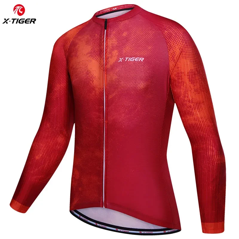 X-TIGER Red Cycling Jerseys Upgraded Long Sleeve Biking Shirts Fall Breathable MTB Road Training Clothes with 4 Rear Pockets