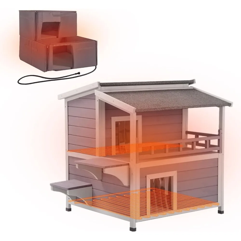 

Открытый кошачий домик с подогревом, 2-этажное утепленное прикрытие для зимы, съемная моющаяся подушка для 1-2 кошек