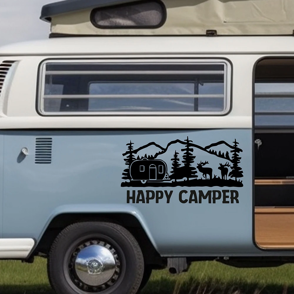 Happy Camper Caravan Deer Mountain Tree Car Sticker,Motovan Motorhome DIY Decor Vinyl Decals Accessories Die Cut Waterproof