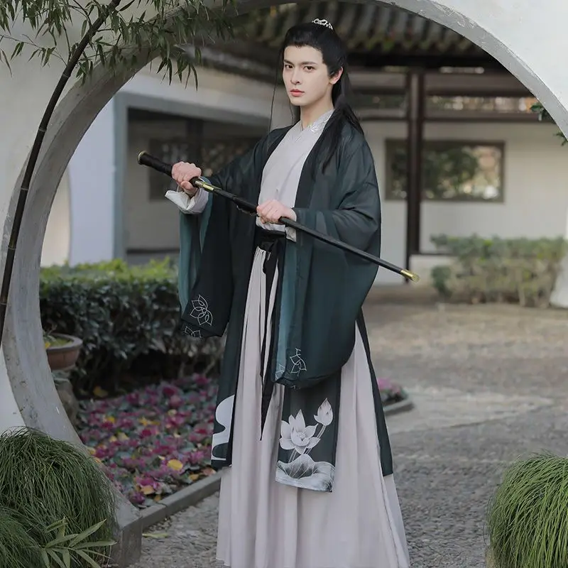 Hanfu Qinglian layman Wei Jin Chinese style couple daily cross collar waist embroidery set, spring, summer, autumn